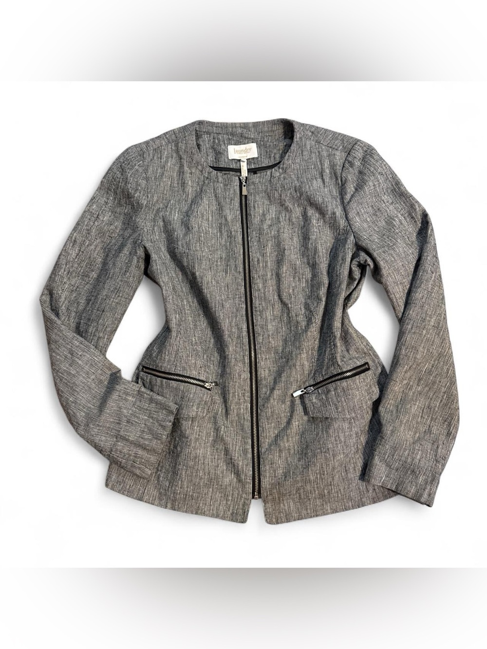 Laundry by Shelli Segal Gray Linen Blend Textured Zip-Up Jacket